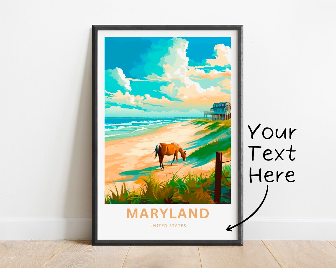 Maryland Personalized Travel Poster with Wild Horse on Beach Dunes