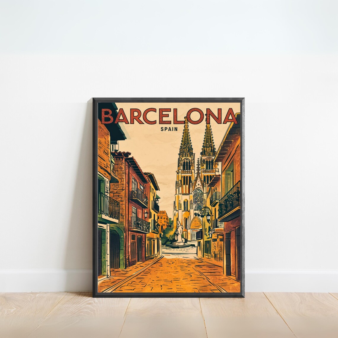 Barcelona Spain Vintage Old Town Cathedral Retro Travel Poster