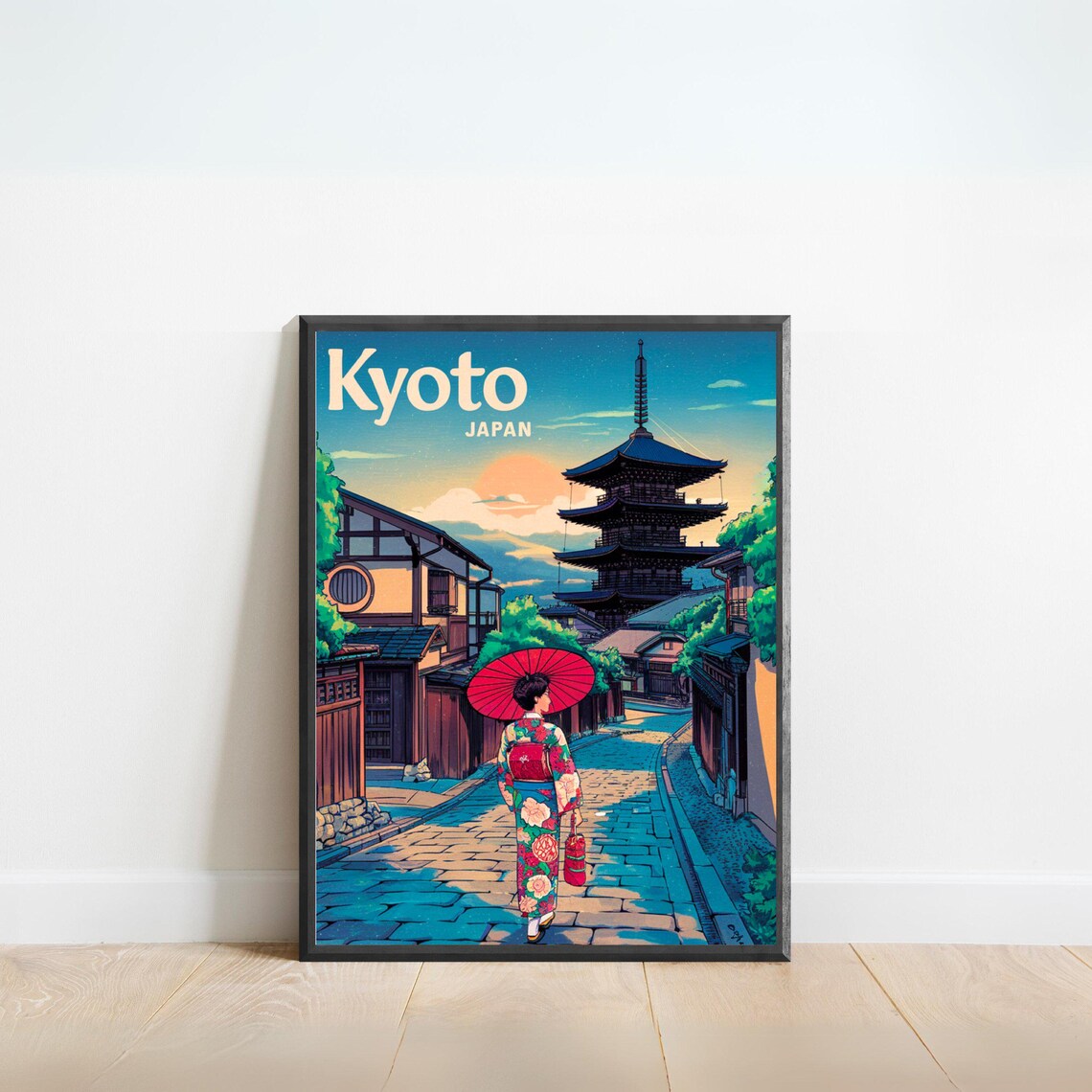 Kyoto Japan Pagoda Geisha Kimono Umbrella Sunset Retro Travel Poster