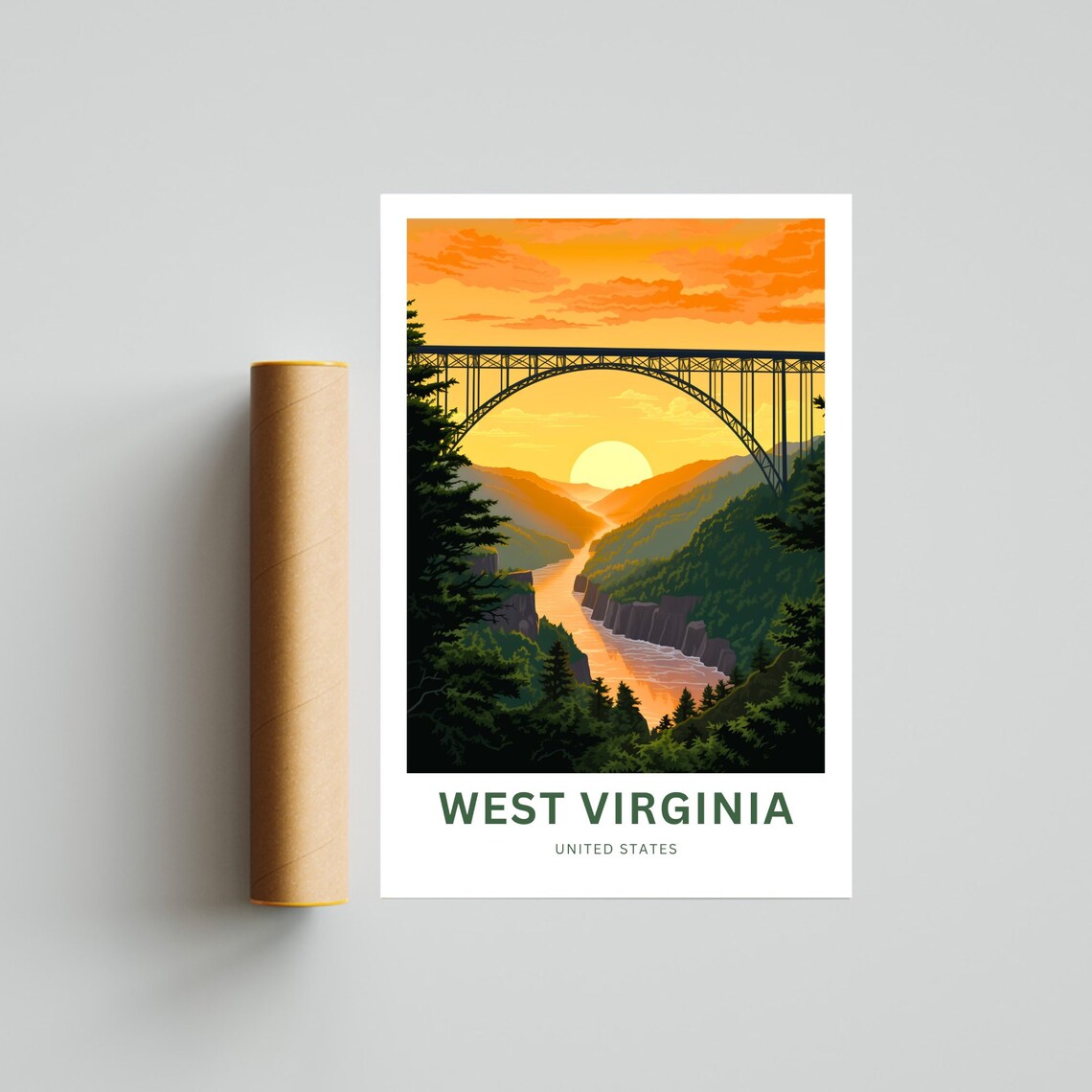 West Virginia Steel Arch Bridge Sunset River Gorge Travel Poster - Image 4