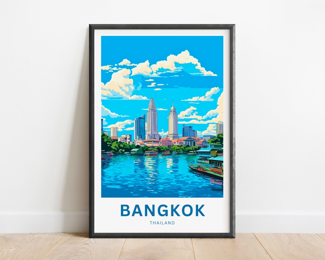 Bangkok Thailand City Skyline River Boats Sunset Travel Poster