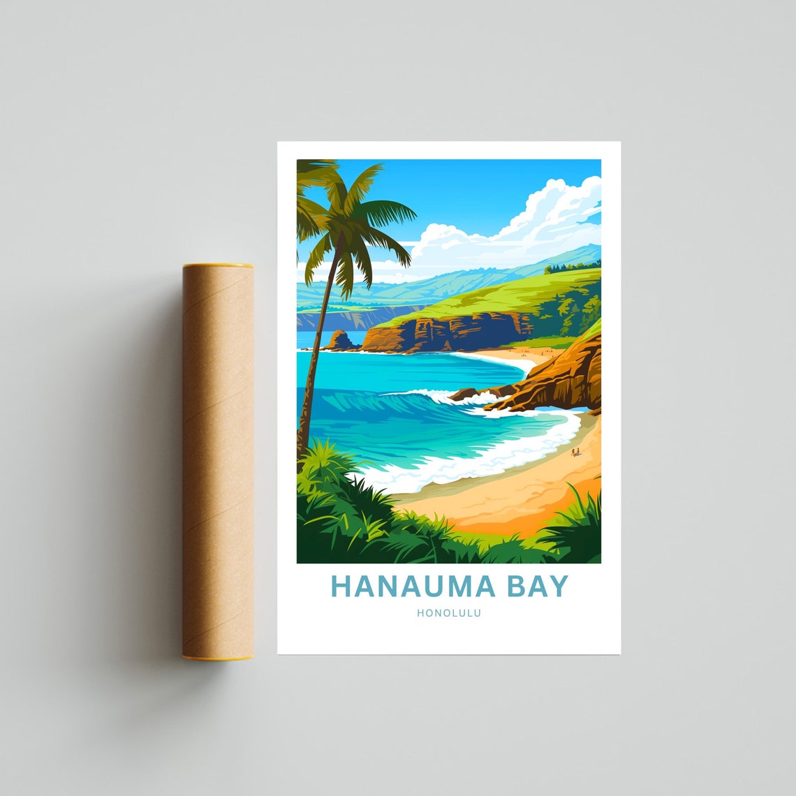 Hanauma Bay Honolulu Beach Cove Palms Personalized Travel Poster - Image 4