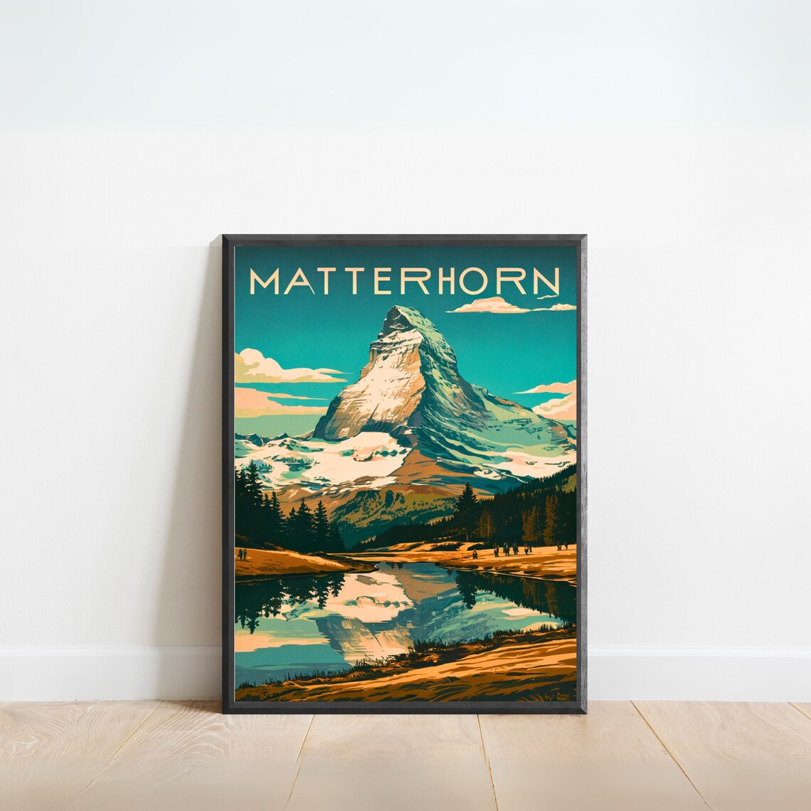 Matterhorn Swiss Alps Snow Peak Lake Reflection Hikers Vintage Poster