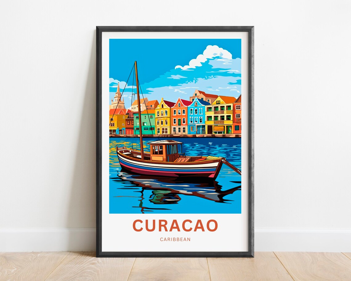 Curacao Caribbean Sailboat Harbor Colorful Dutch Houses Travel Poster