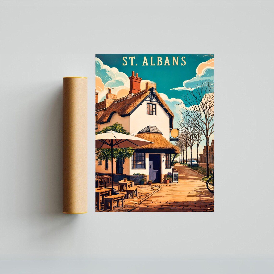 St Albans Thatched Roof Pub Cottage Vintage English Travel Poster