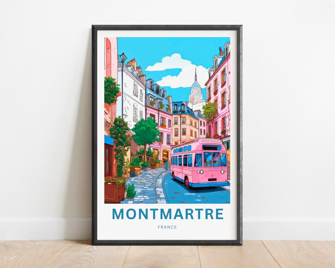 Montmartre Paris Pink Bus Vintage Street Scene Travel Poster
