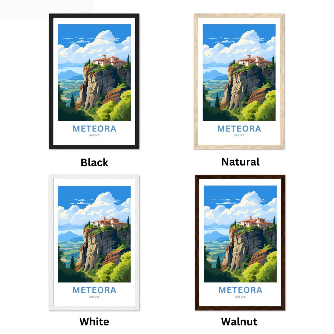 Meteora Greece Monastery Cliff Top Rock Pillars Scenic View Poster
