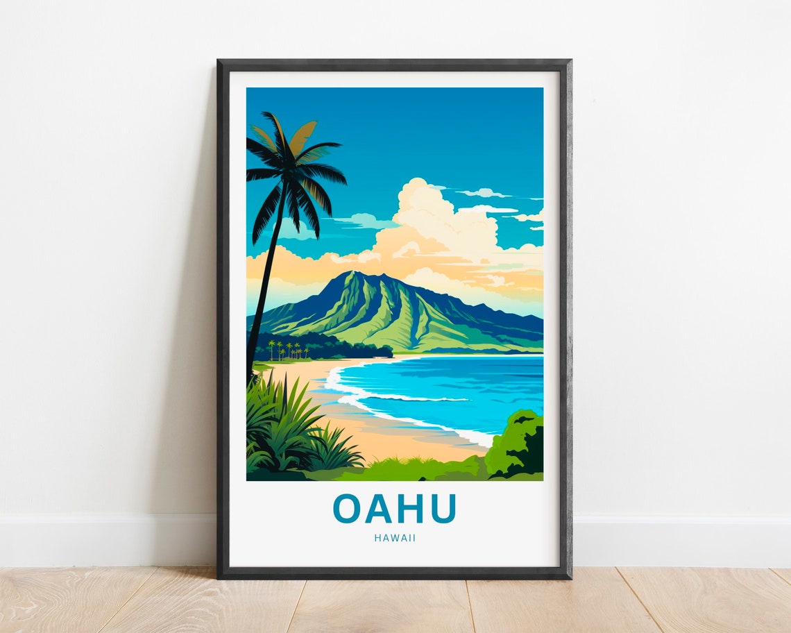 Oahu Hawaii Golden Palm Silhouette Beach Bay Sunset View Poster