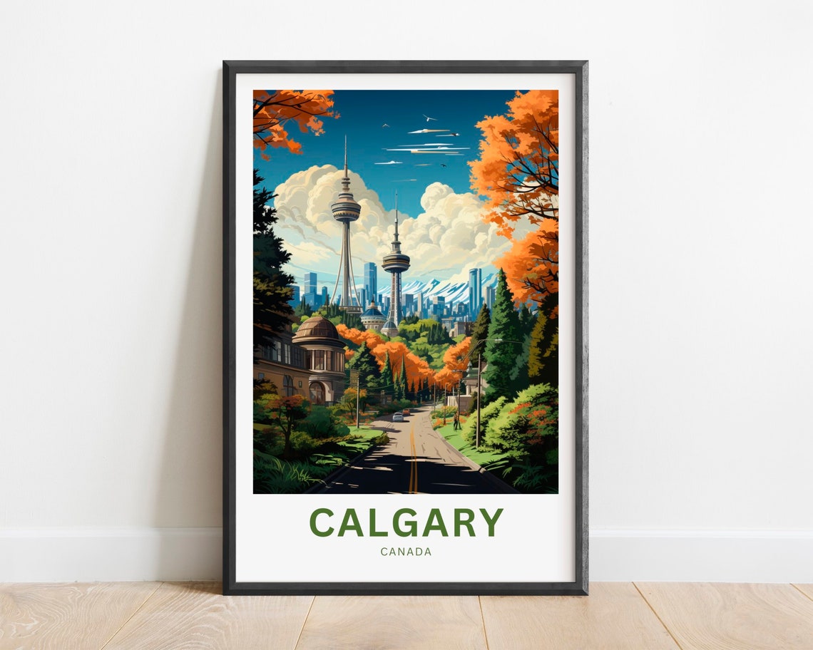 Calgary Canada Skyline Tower Autumn Trees Street Travel Poster