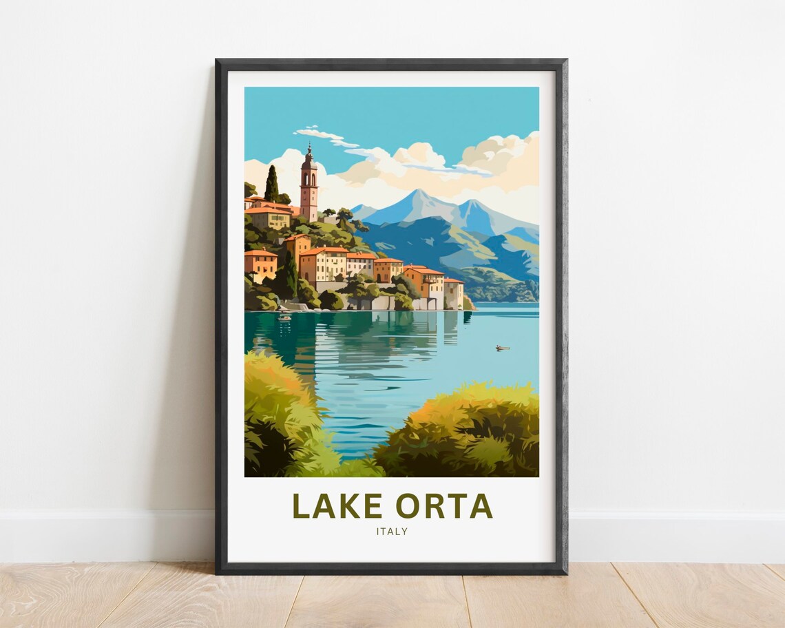 Lake Orta Italy Lakeside Village Bell Tower Mountain View Poster