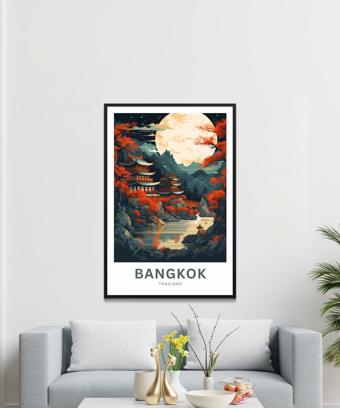Personalized Bangkok Thailand Moonlit Pagoda Lake Custom Travel Poster - Image 3