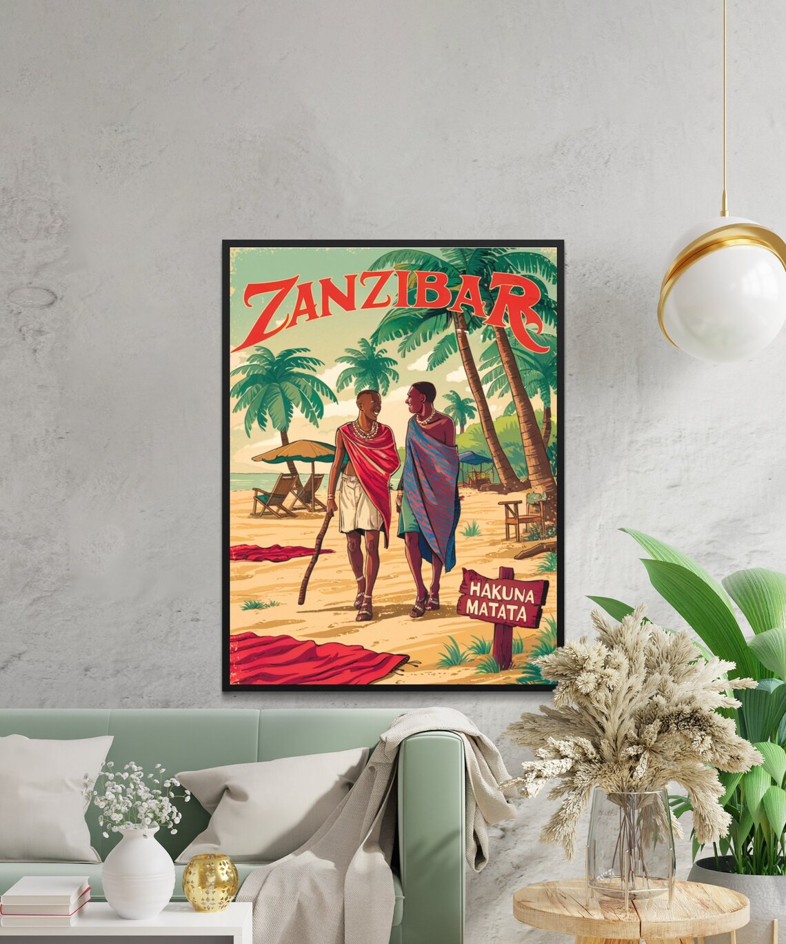 Zanzibar Tanzania Vintage Beach with Maasai Hakuna Matata Sign Poster - Image 2