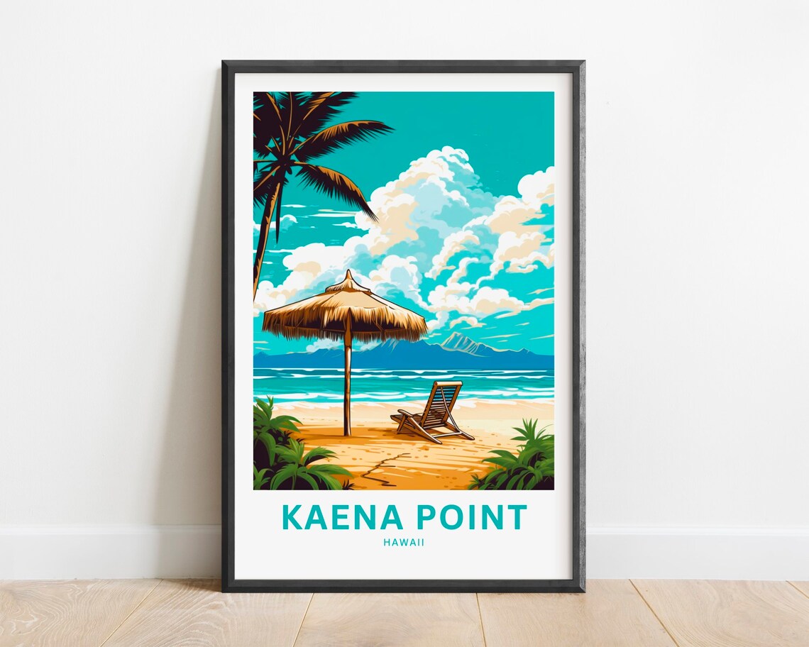 Kaena Point Hawaii Beach Umbrella Retro Travel Poster Artwork