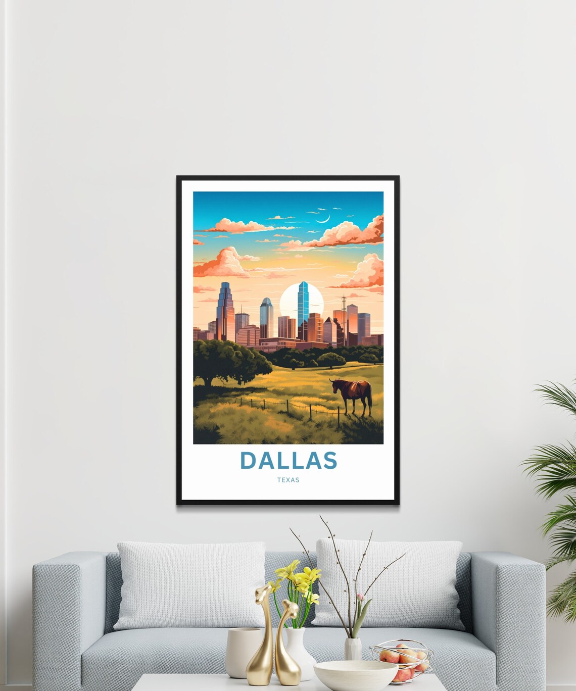 Dallas Texas Golden Skyline Horse Pasture Sunset Travel Poster - Image 3