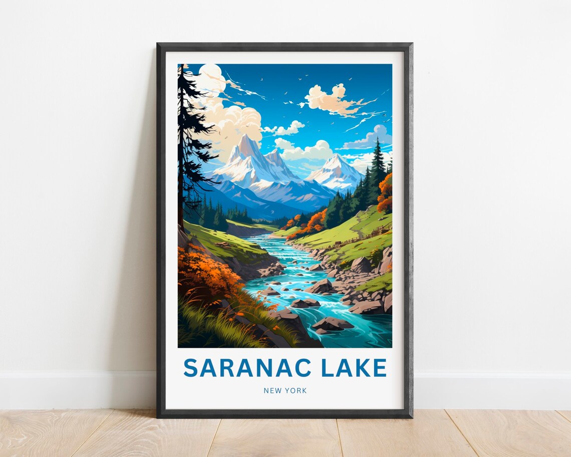 Saranac Lake New York Snow Peaks Rushing River Travel Poster
