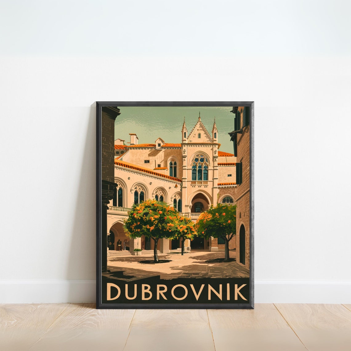 Dubrovnik Croatia Monastery Courtyard Orange Tree Vintage Poster