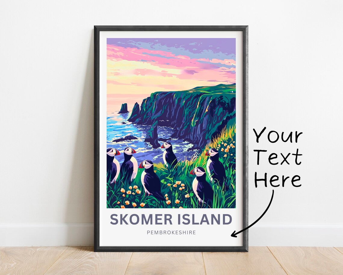 Skomer Island Wales Puffin Sunset Personalized Travel Poster