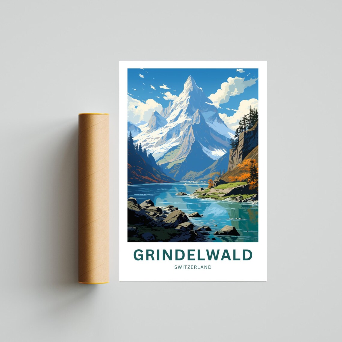 Grindelwald Switzerland Snowy Peak Above the Lake Travel Poster - Image 4