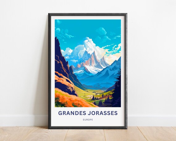 Grandes Jorasses Alpine Peaks Retro Mountain Illustration Travel Poster