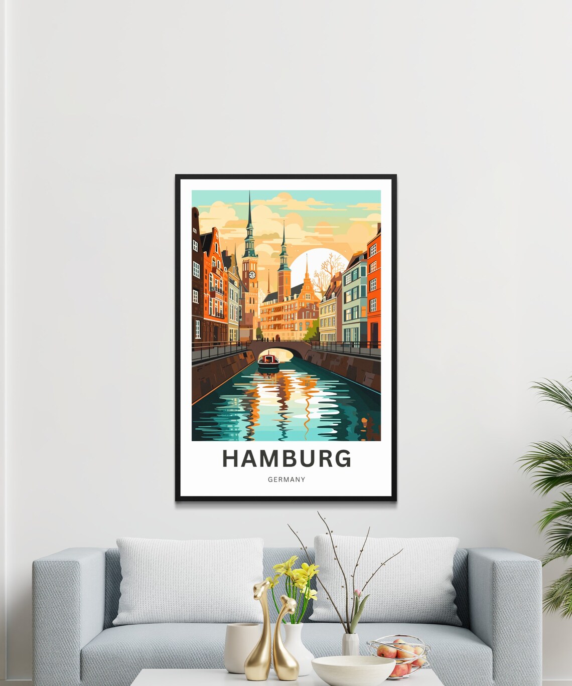 Hamburg Germany Historic Canal Church Towers Sunset Custom Poster - Image 2