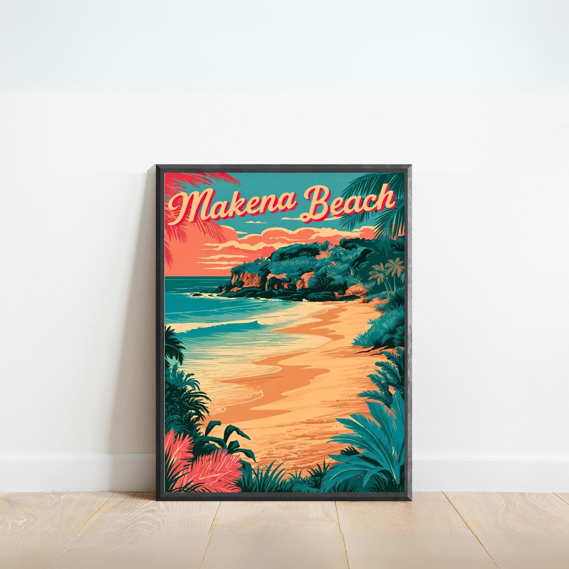 Makena Beach Hawaii Sunset Jungle Cove Tropical Travel Poster