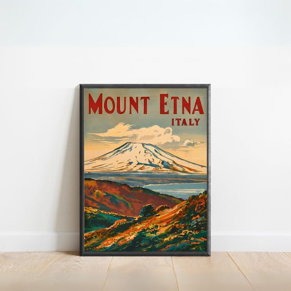 Mount Etna Vintage Travel Poster, Sicily Italy