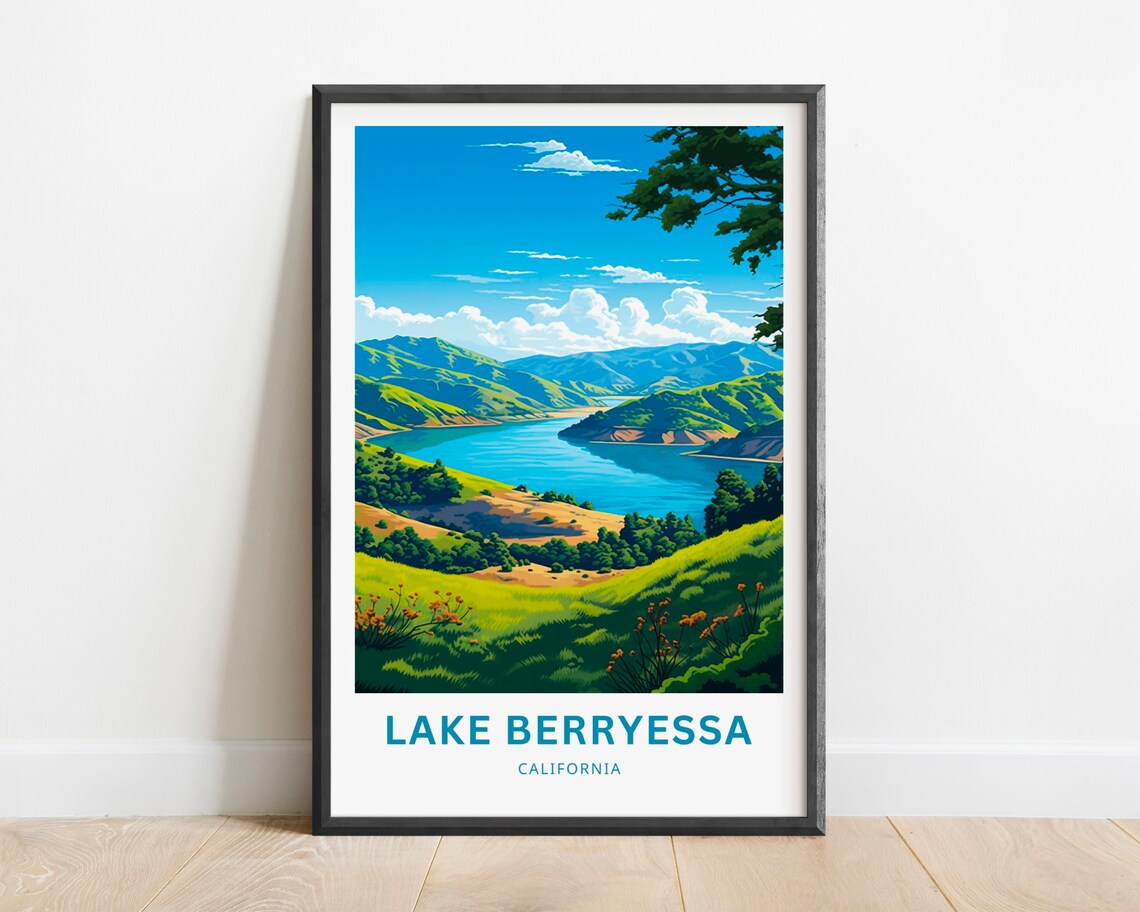 Lake Berryessa California Blue Water Green Hills Travel Poster