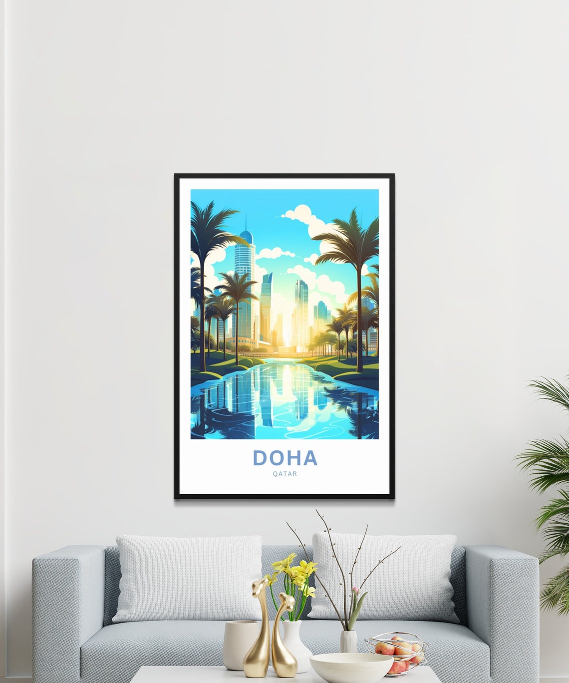 Personalized Doha Qatar Skyline Palms Reflection Travel Poster - Image 3