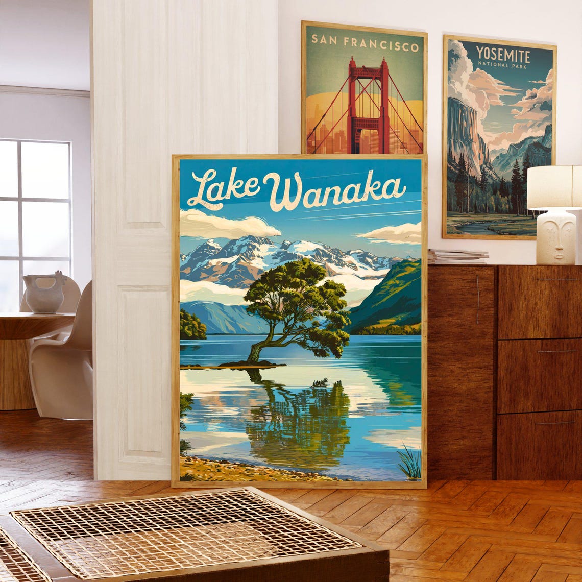 Lake Wanaka New Zealand Lone Tree Mountain Lake Vintage Poster - Image 5