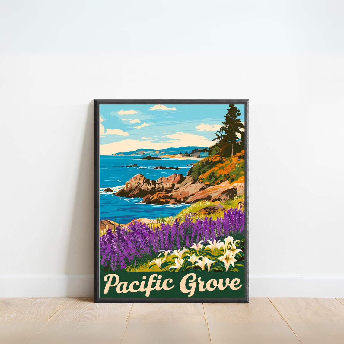 Pacific Grove California Rocky Coast Wildflowers Vintage Poster