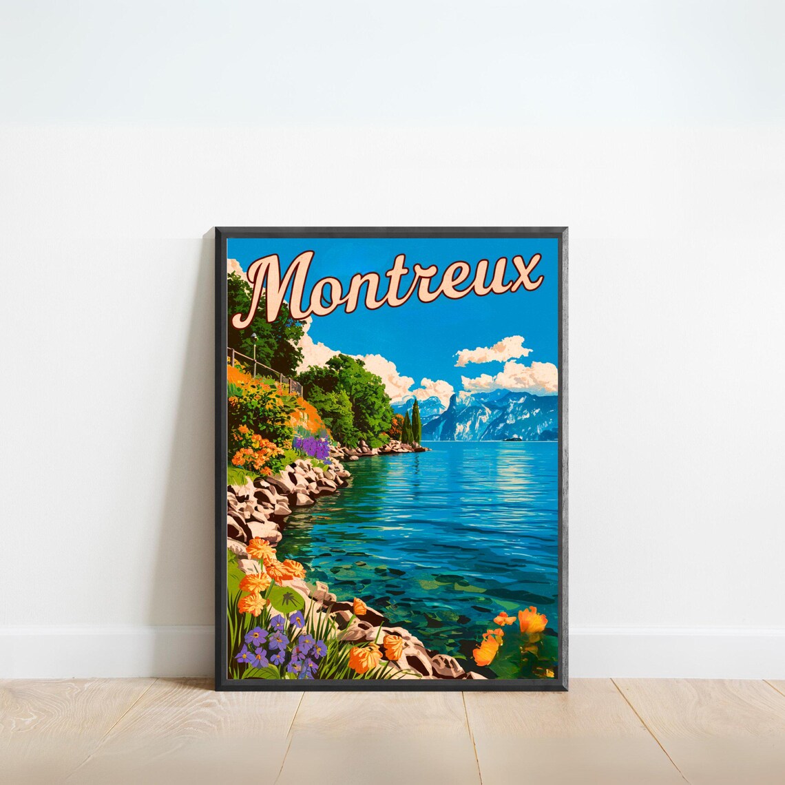 Montreux Lakeside Floral Shoreline Switzerland Travel Poster