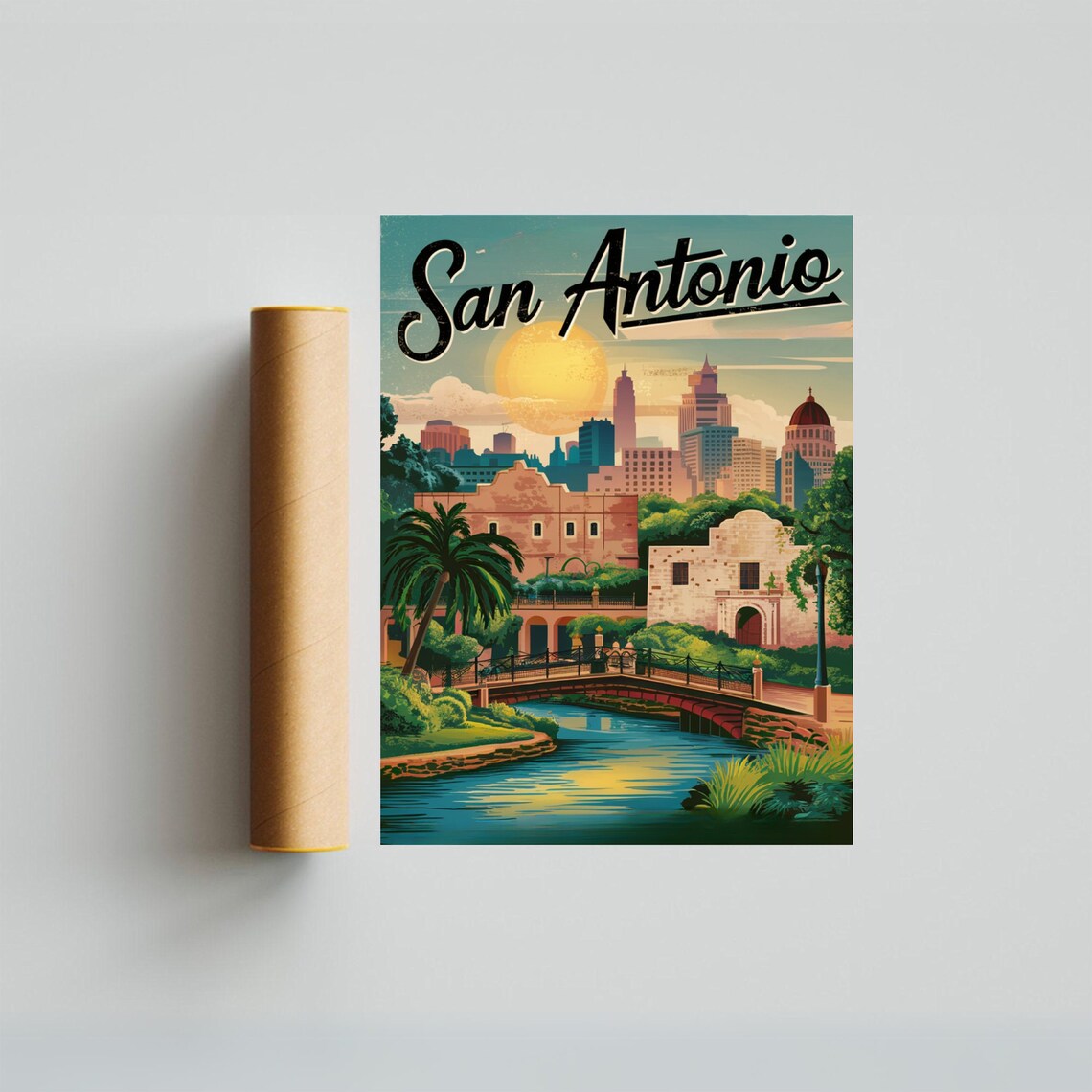 San Antonio Texas Vintage River Walk City Skyline Travel Poster - Image 4