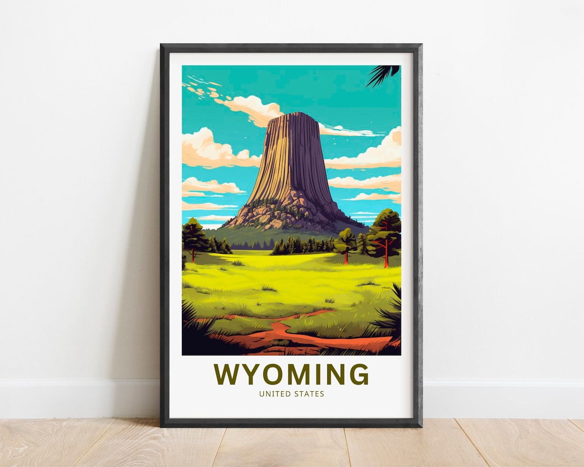 Wyoming Devils Tower Over Green Prairie Landscape Travel Poster