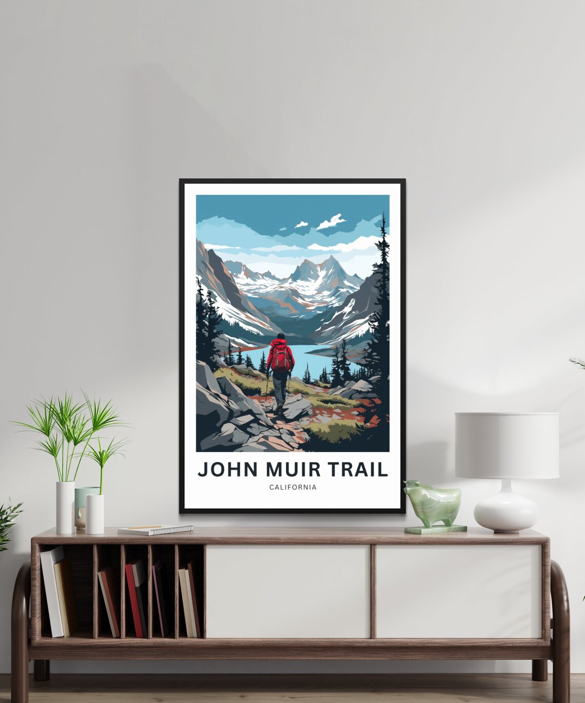 John Muir Trail California Hiker Alpine Lake Snowy Peaks Travel Poster - Image 2