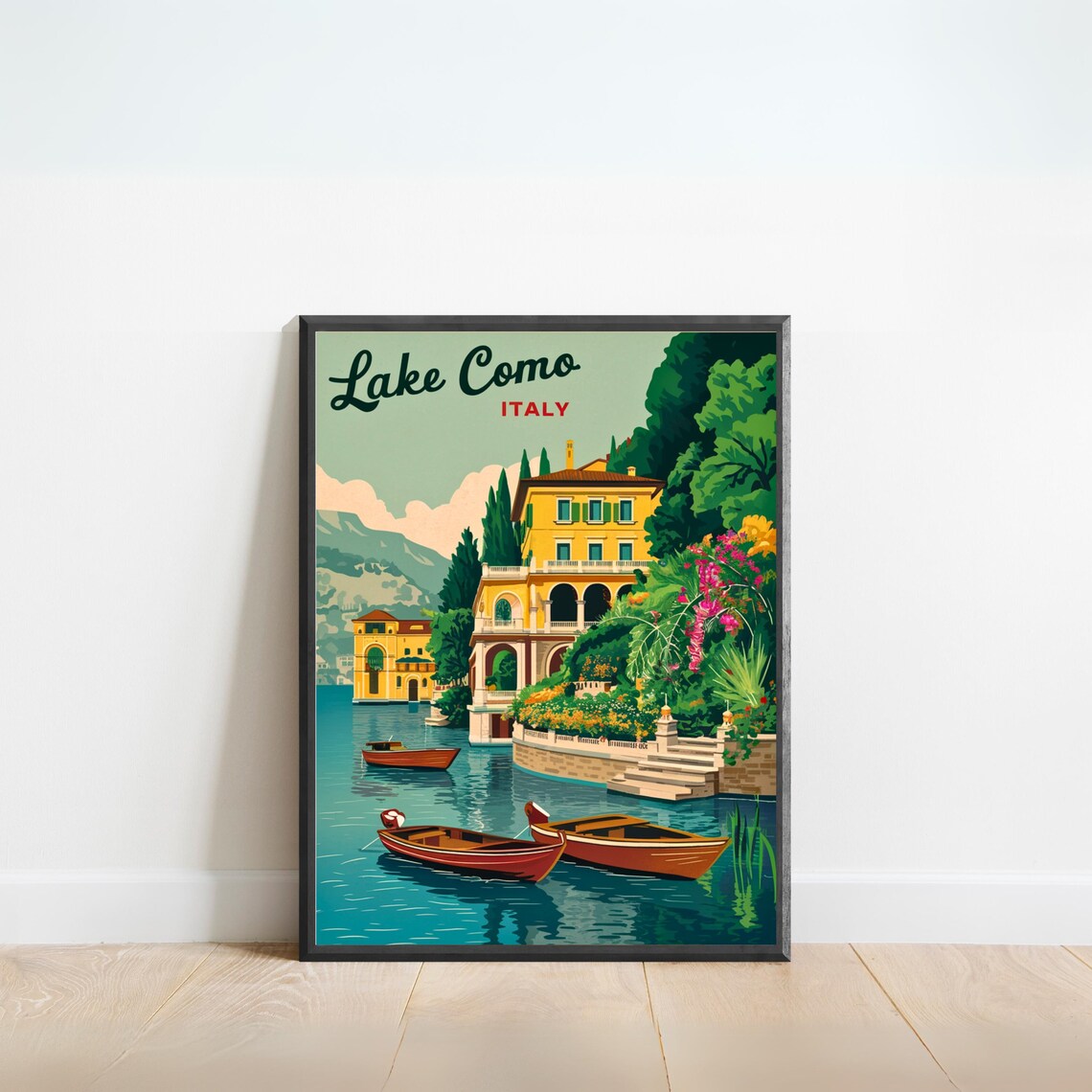 Lake Como Italy Lakeside Villa Flower Garden Boats Retro Poster