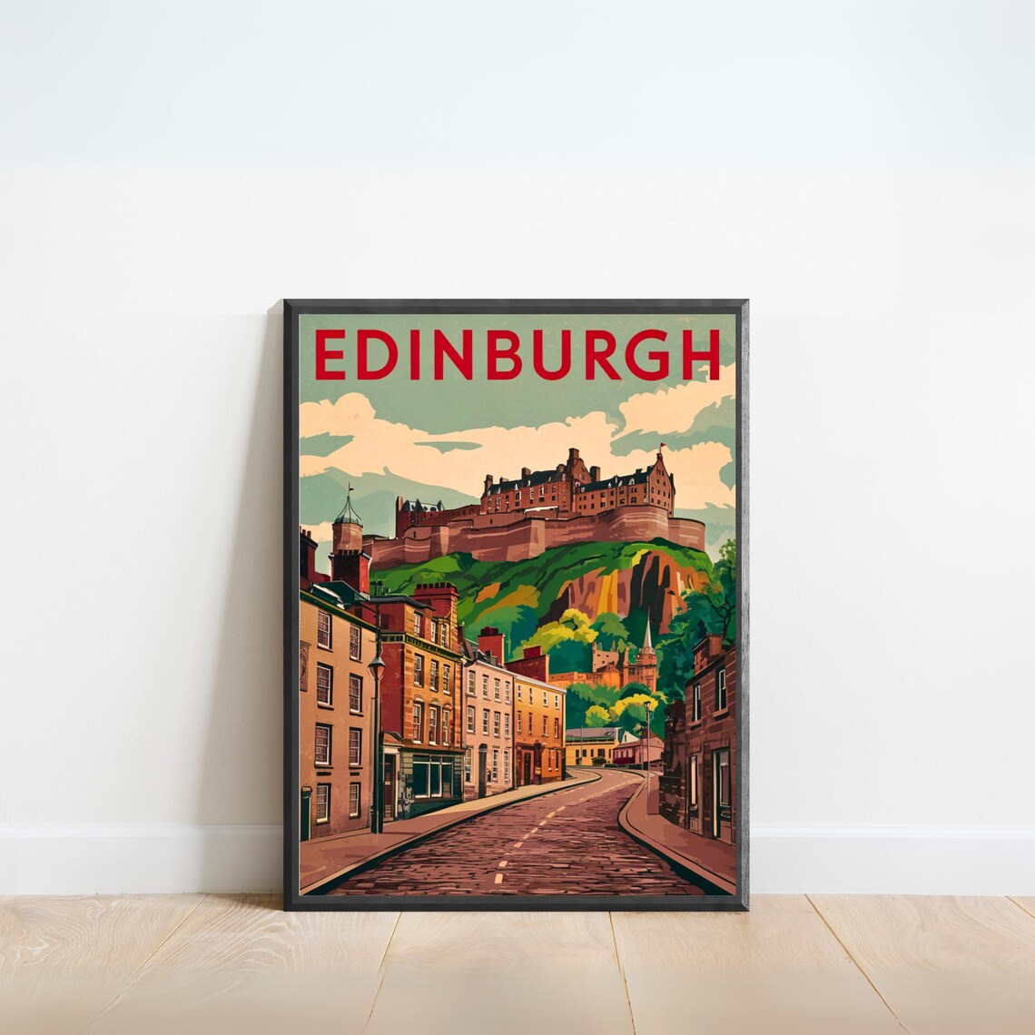 Edinburgh Scotland Castle Rock Old Street Vintage Travel Poster