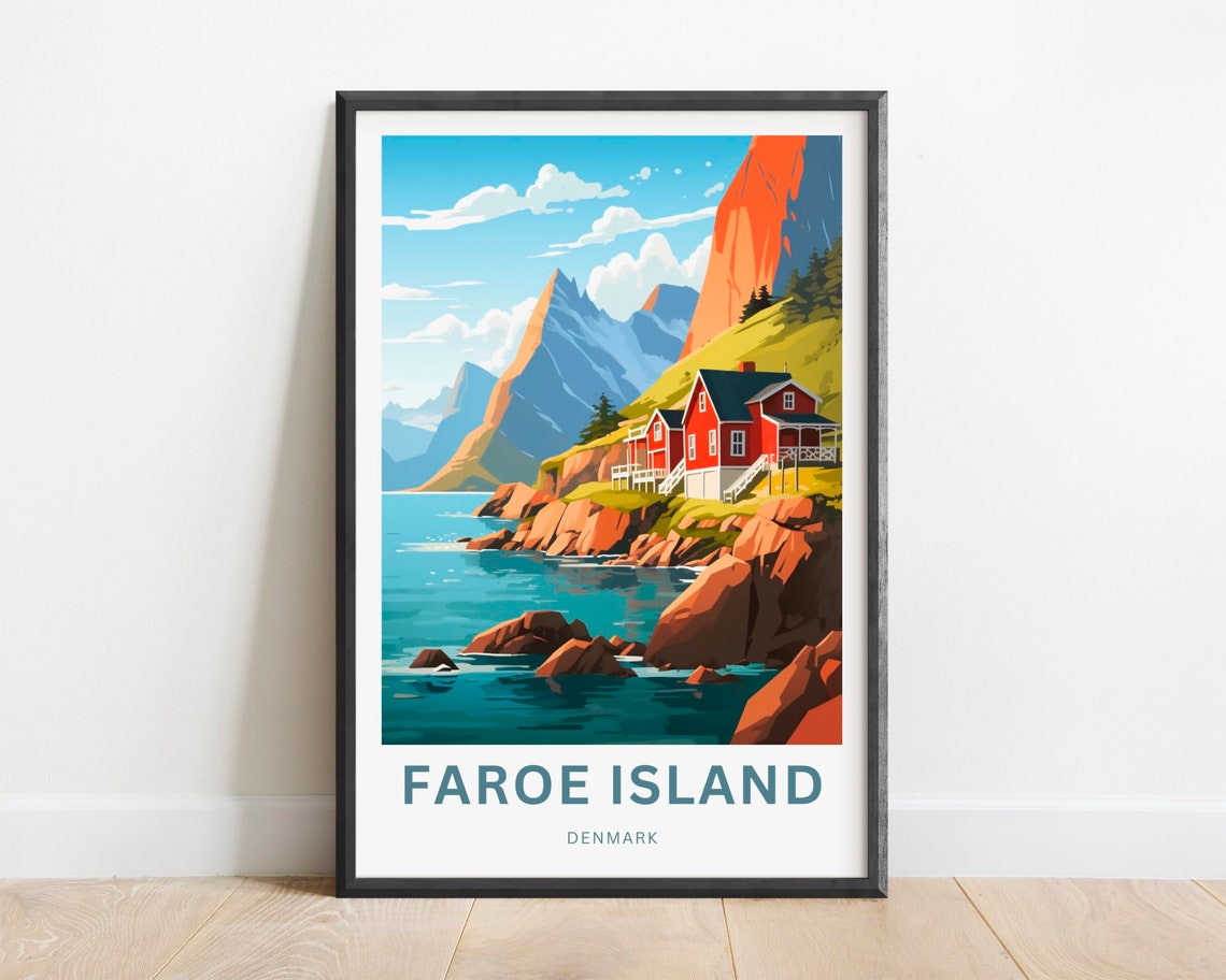 Faroe Island Red Cabins Rocky Coast Nordic Scenic Denmark Poster