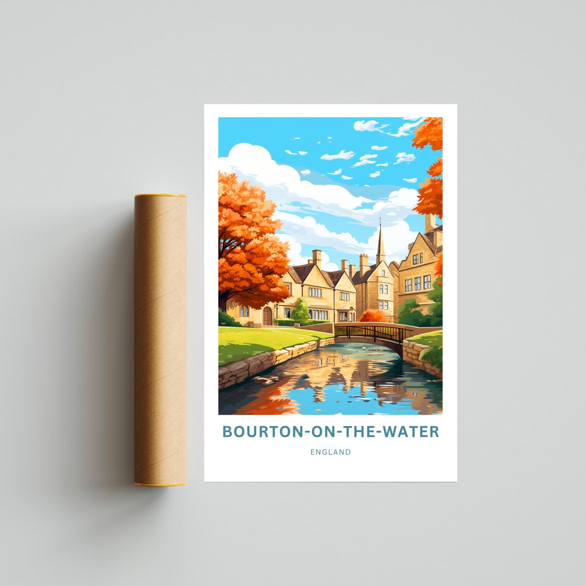 Bourton On The Water England Autumn Cottages Bridge Travel Poster - Image 2
