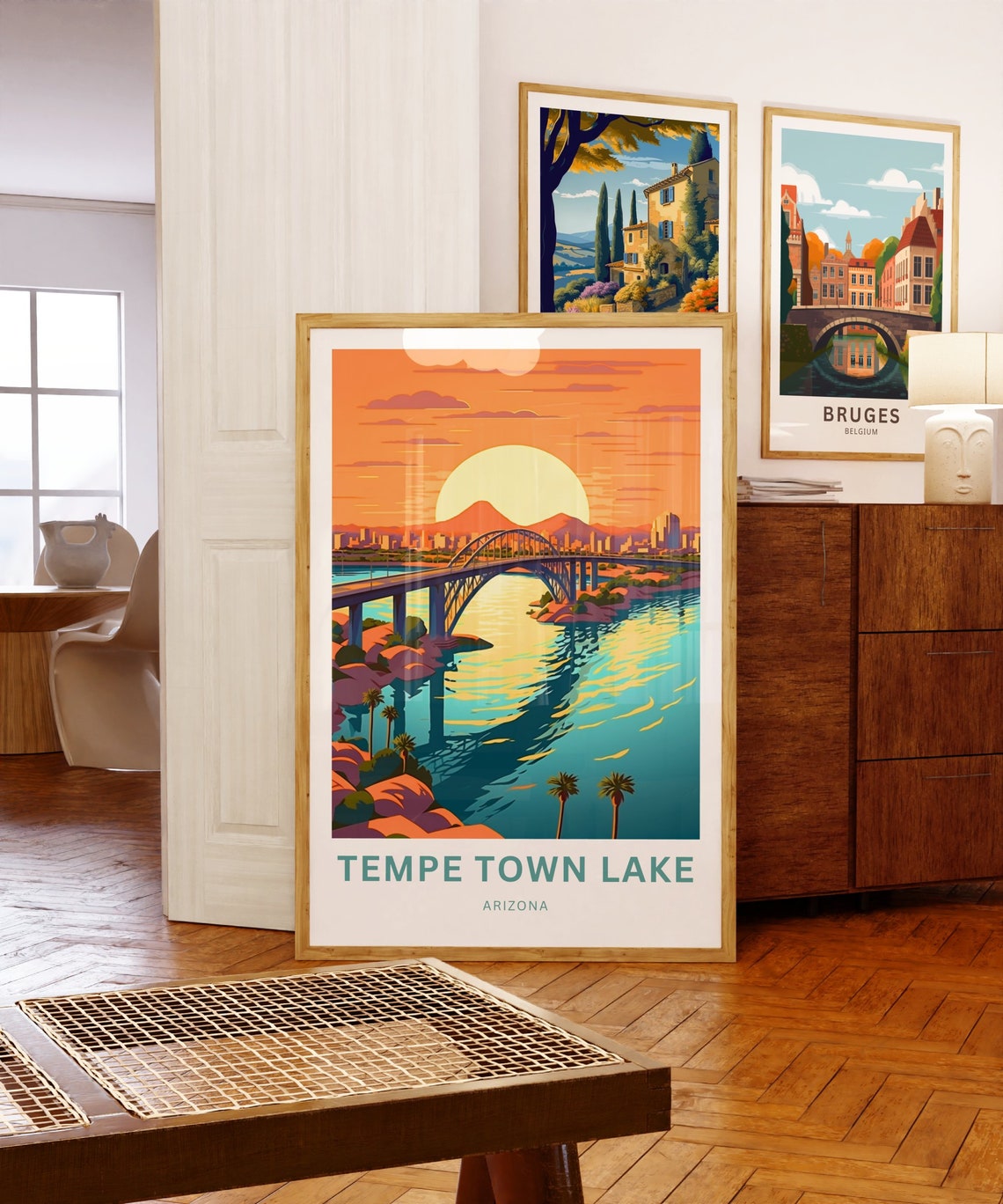 Tempe Town Lake Arizona Sunset Custom Text Bridge Travel Poster - Image 5