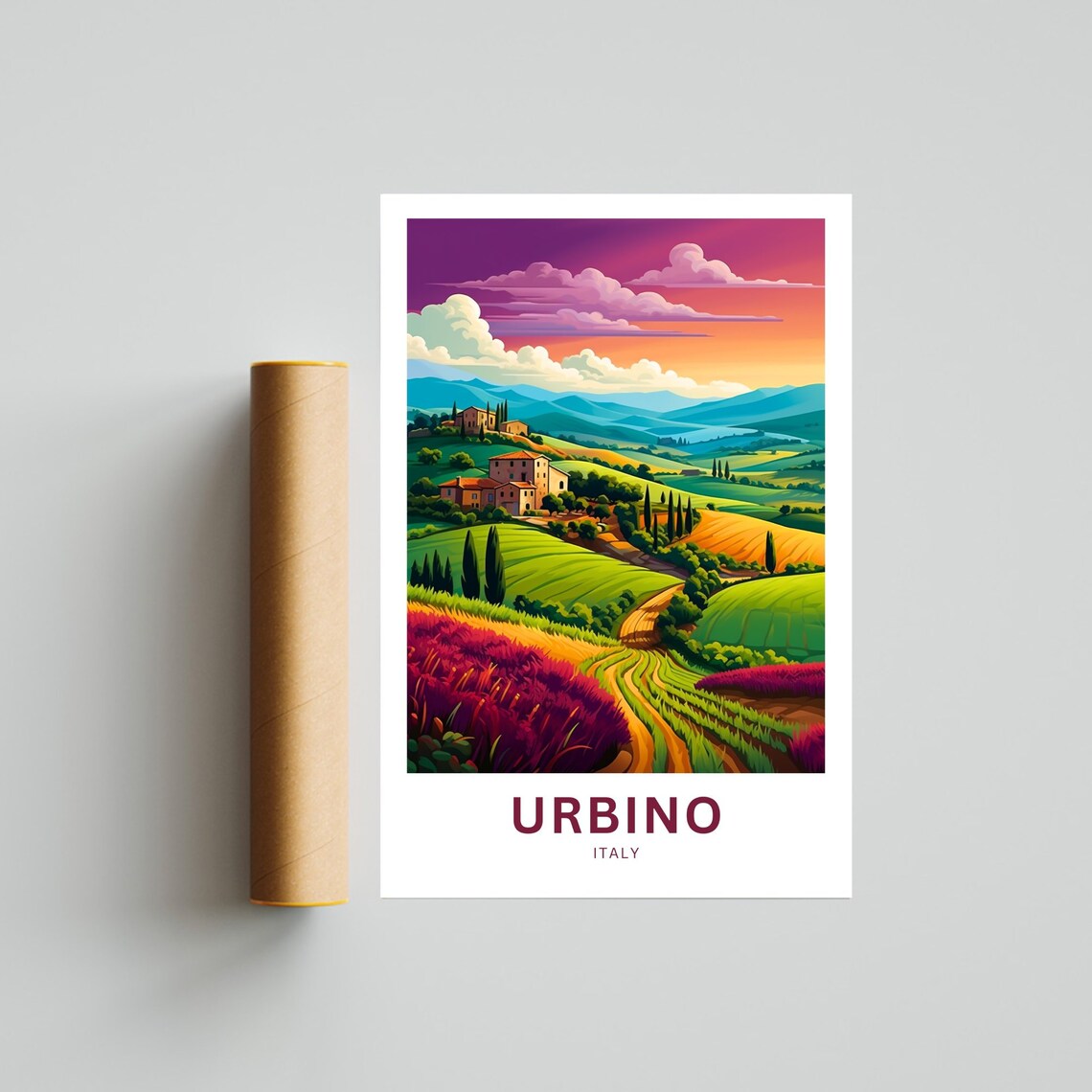 Urbino Italy Rolling Hills Sunset Farmhouse Landscape Poster - Image 4