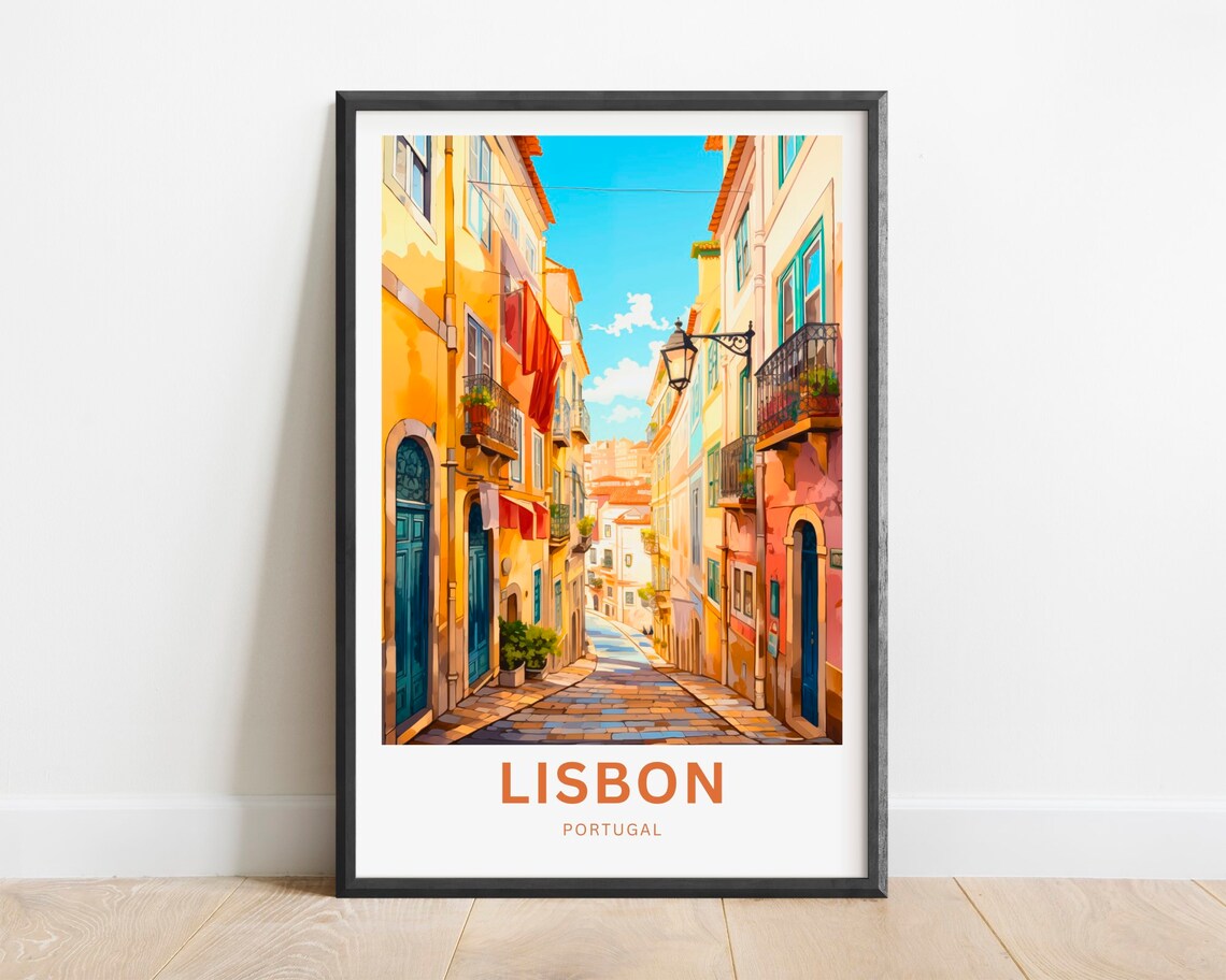 Lisbon Portugal Sunlit Old Street Lamp Posts Vintage Travel Poster