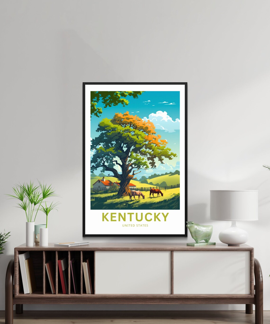 Kentucky Horse Farm with Grand Oak Tree Pasture Scene Travel Poster - Image 2