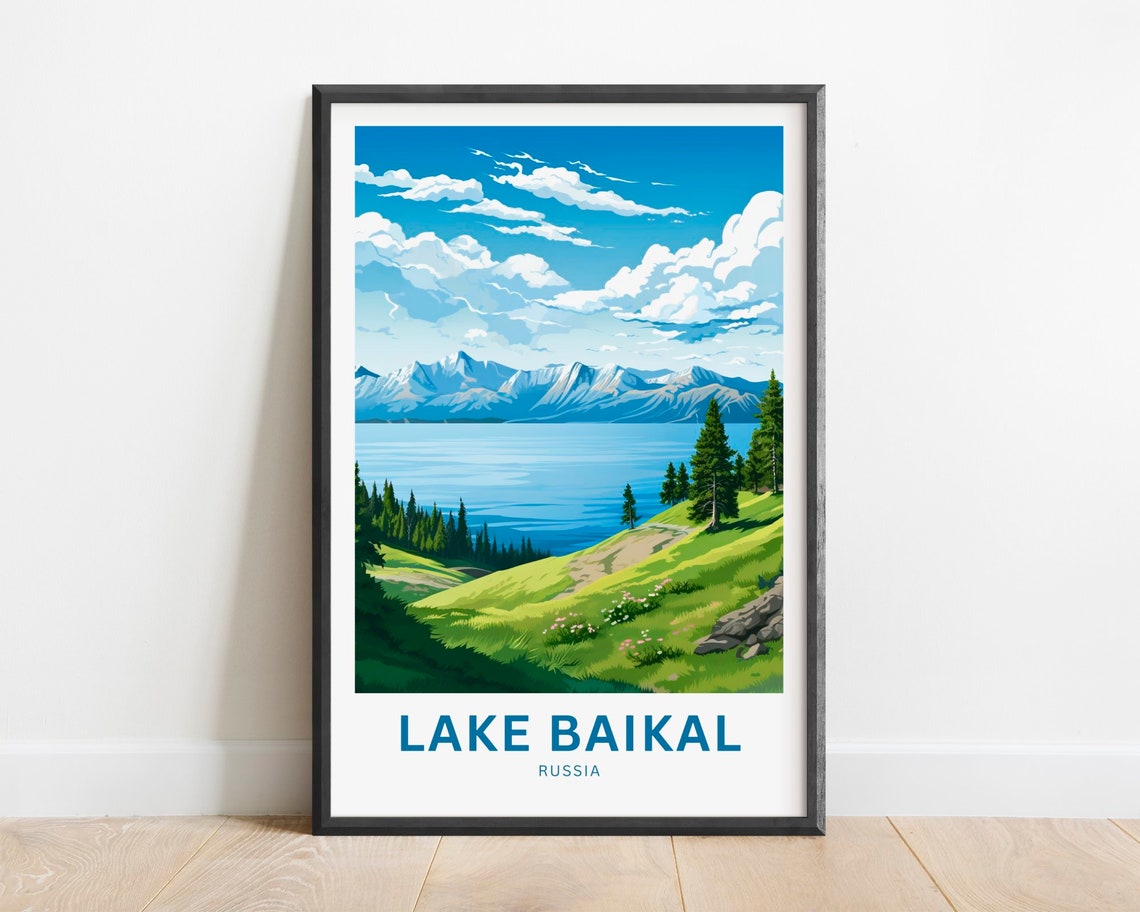 Lake Baikal Russia Mountain Lake Meadow Vintage Travel Poster
