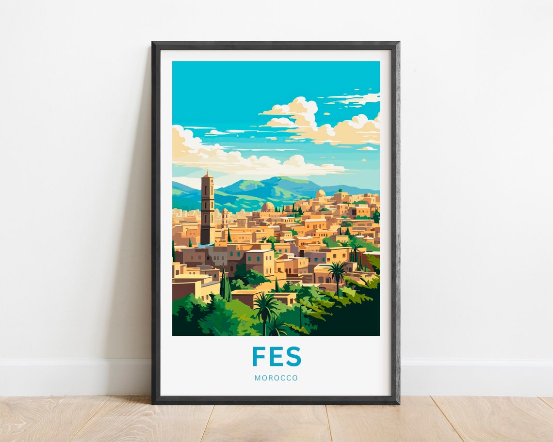 Fes Morocco Old Medina Minaret Palm Trees Mountain Skyline Poster