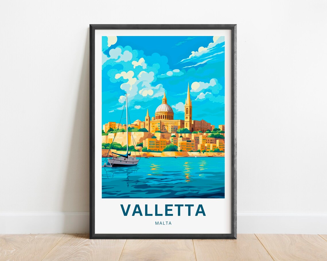 Valletta Malta Skyline Sailboat Turquoise Harbor Scene Poster