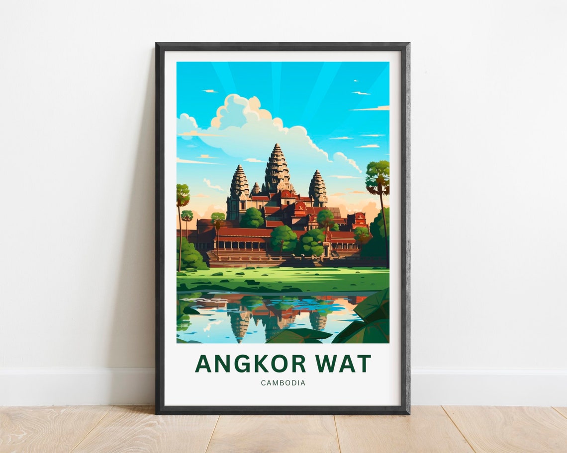Angkor Wat Cambodia Travel Poster Temple Reflection Pool Artwork