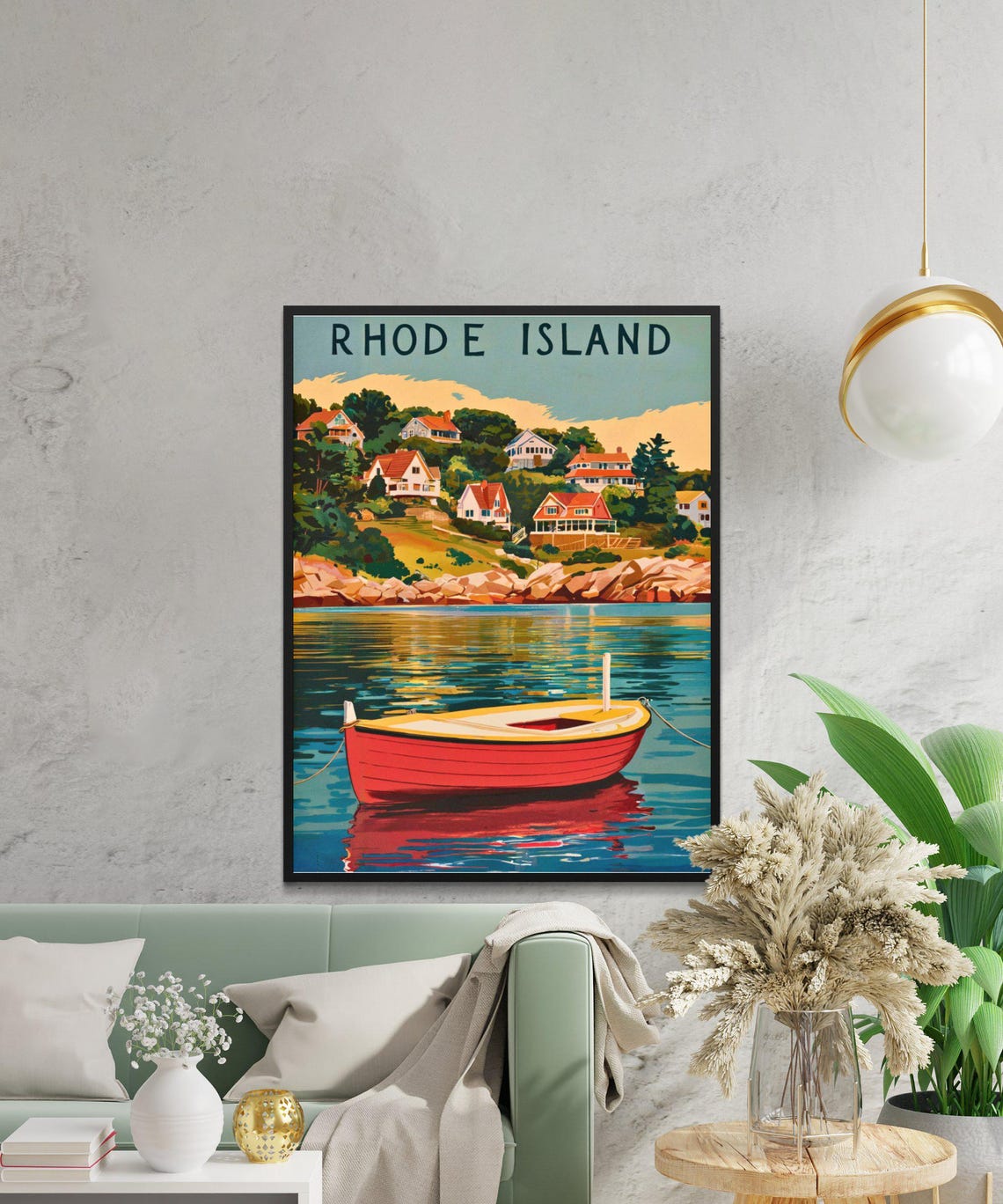 Rhode Island Harbor Red Rowboat Shoreline Cottages Vintage Poster - Image 2