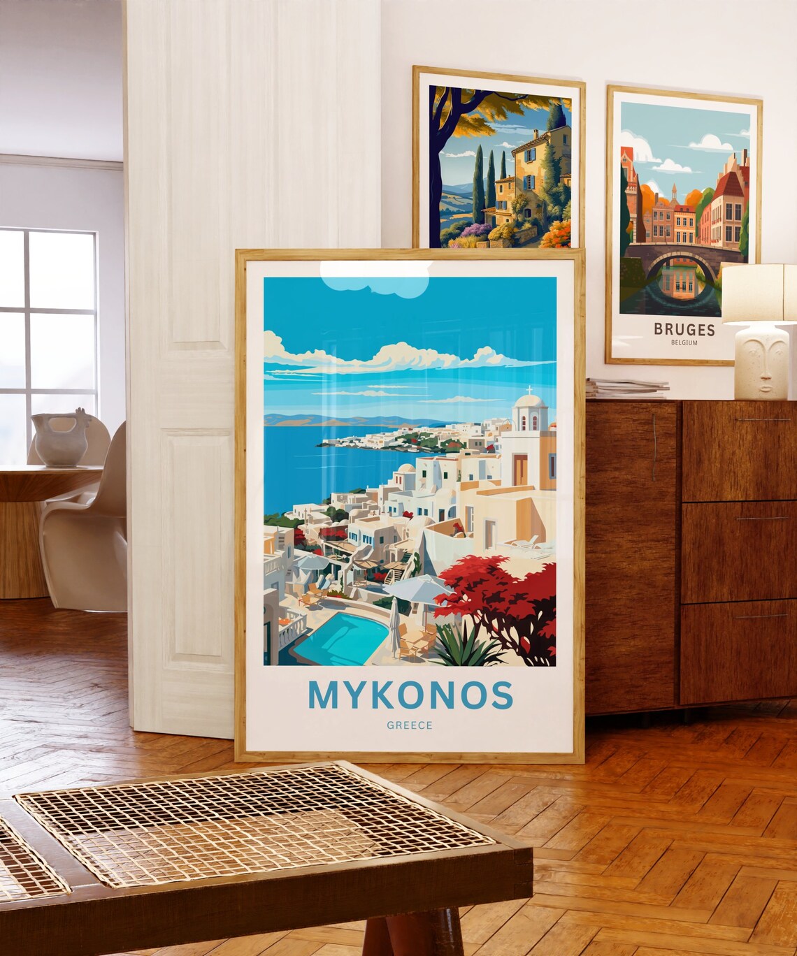 Mykonos Greece White Village Church Garden Pool Custom Art Poster - Image 5