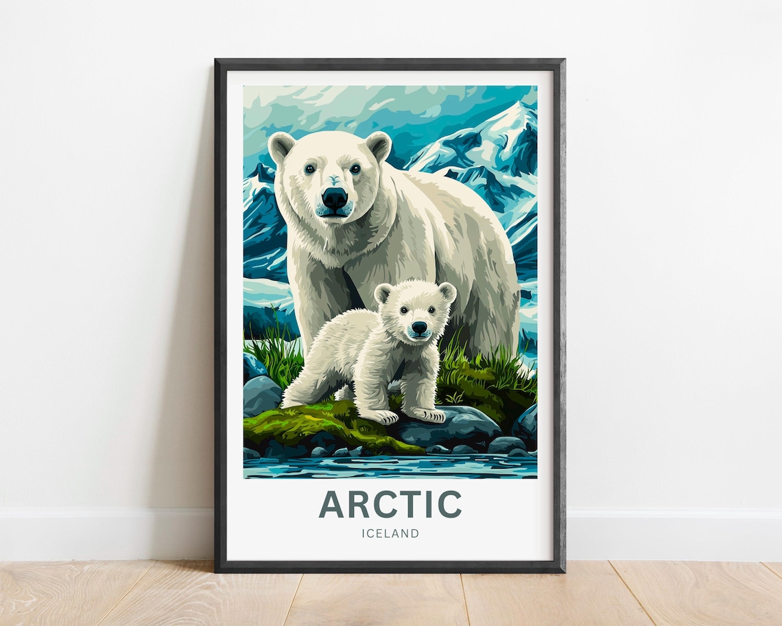 Arctic Iceland Polar Bear Cub Glacial Mountains Travel Poster