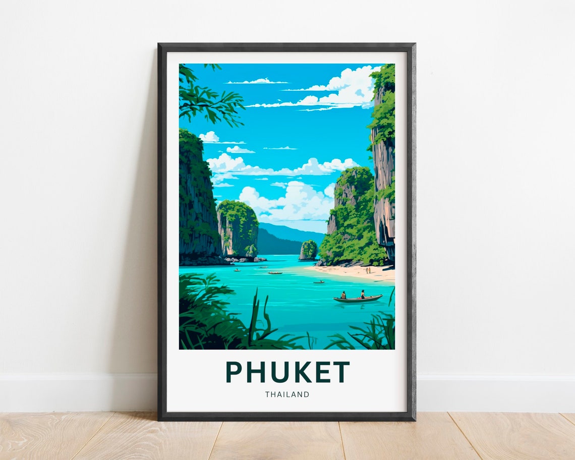 Phuket Thailand Karst Cliffs Bay Longtail Boats Travel Poster